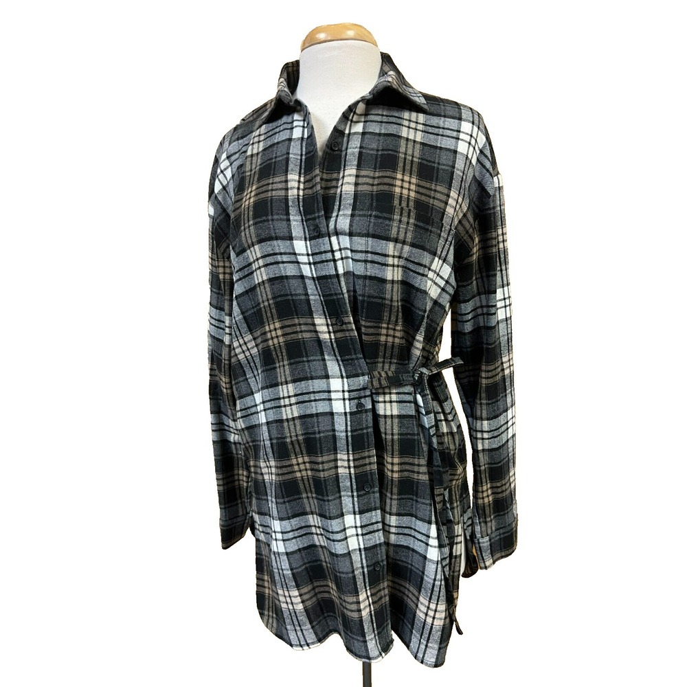 NEW Robert Rodriguez Button Up Tunic Shirt w/ Side Tie‎ Black Plaid Flannel SZ S